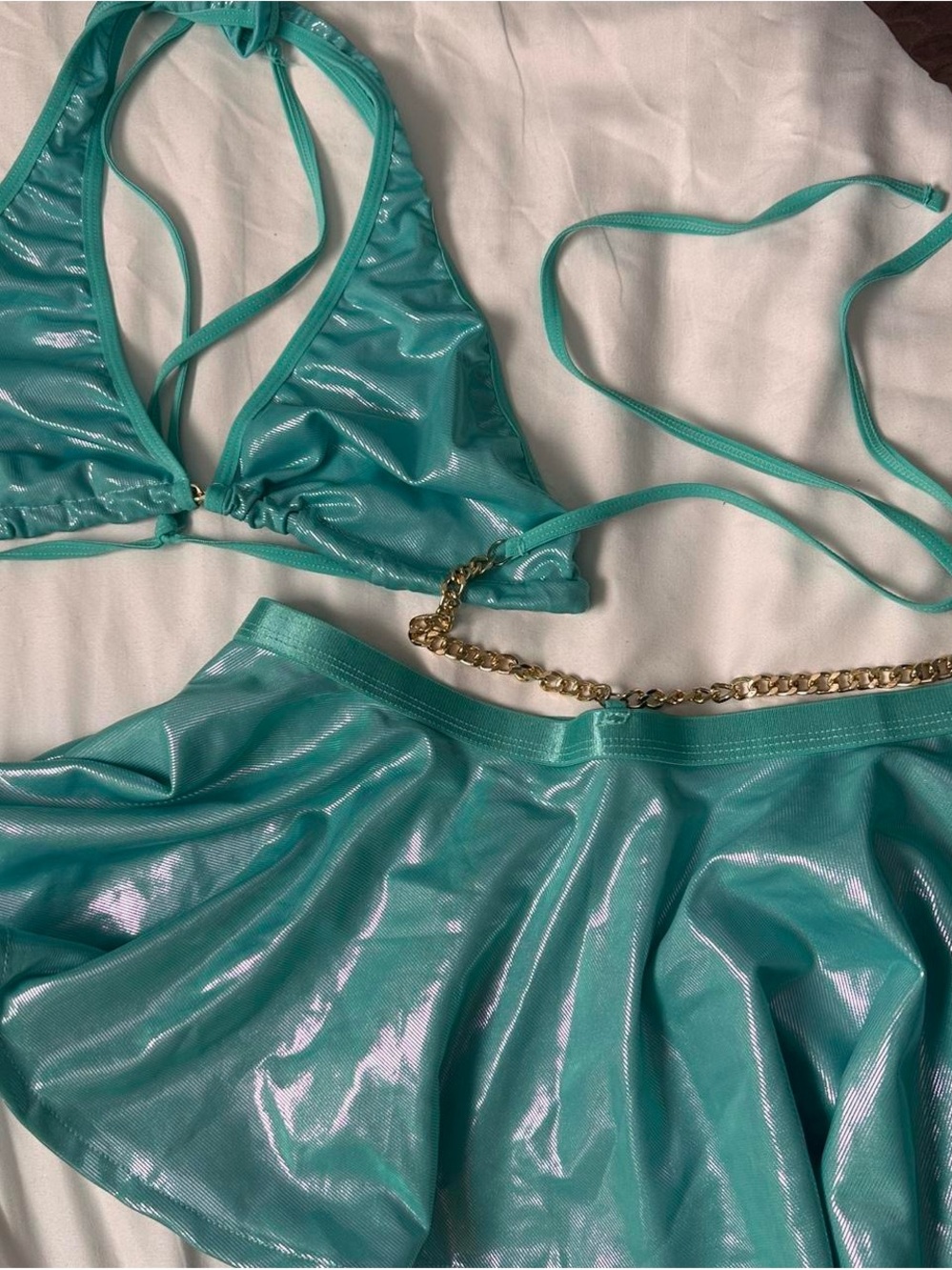 Shimmery Teal Halter Bra and Skirt Rave Set